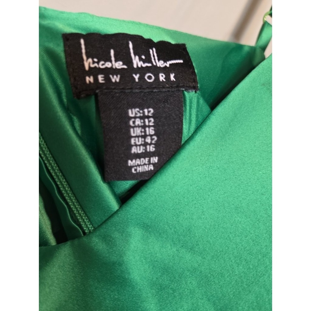 Nicole Miller New York Pleated Satin Midi Dress Green Womens 12 Spaghetti Strap - Picture 2 of 4